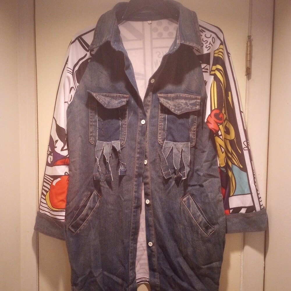 Comic Art Denim Jacket Multi Color size XL Like New!